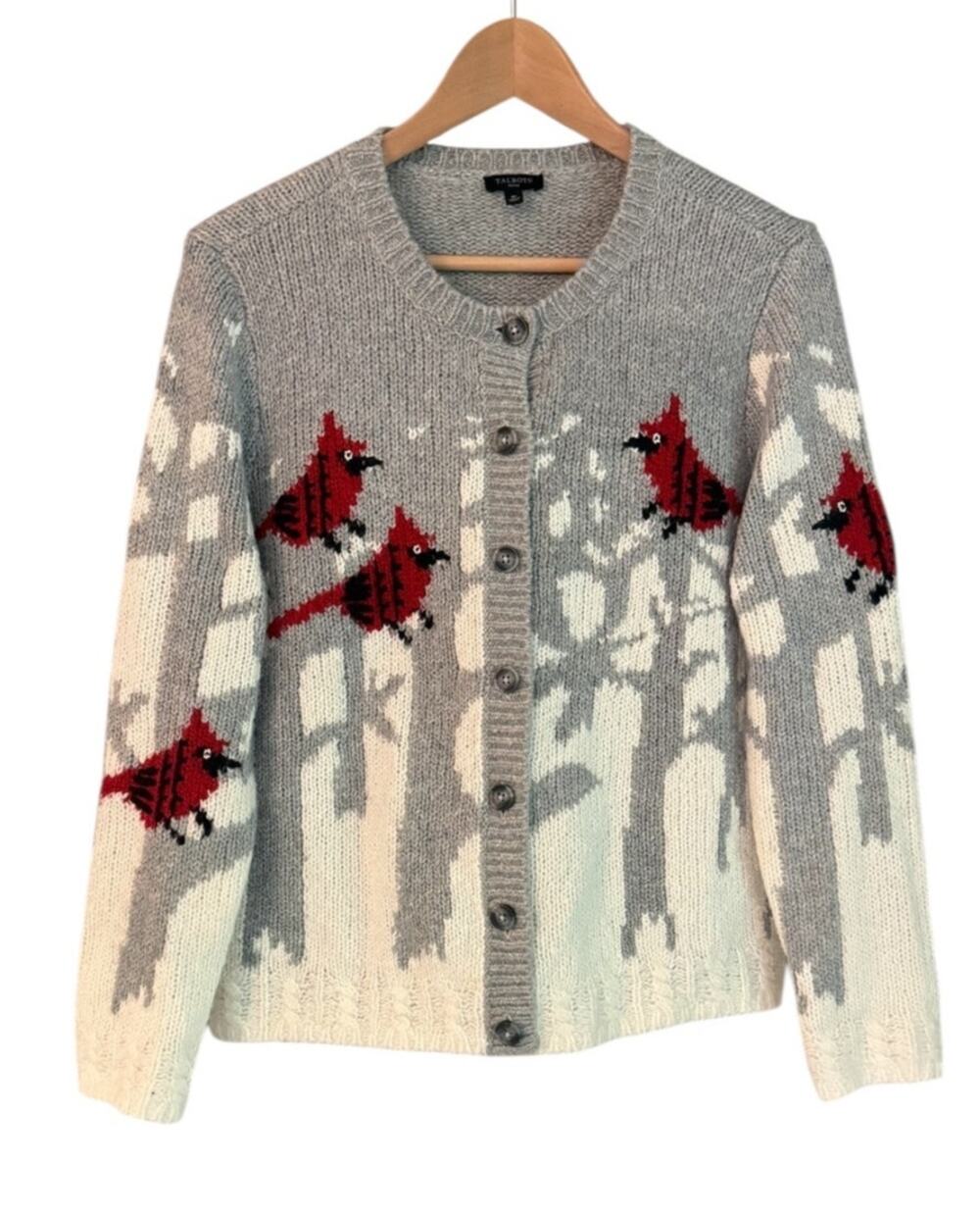 Talbots Cardinal Bird Winter Woodland Button Front Cardigan Sweater MP Holiday